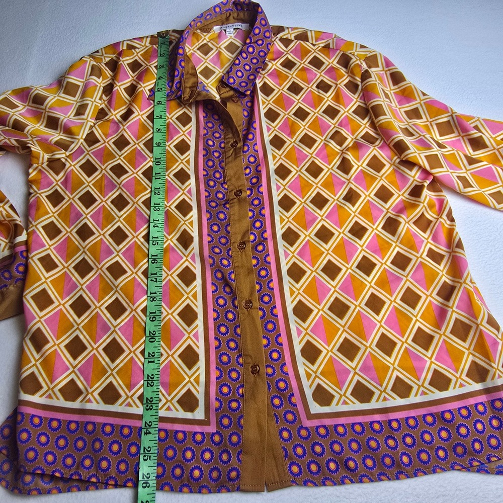 Rose + Olive Boho Set Geometric Print 2 Piece Long Sleeve Shirt Wide Leg Pants L - Picture 7 of 15